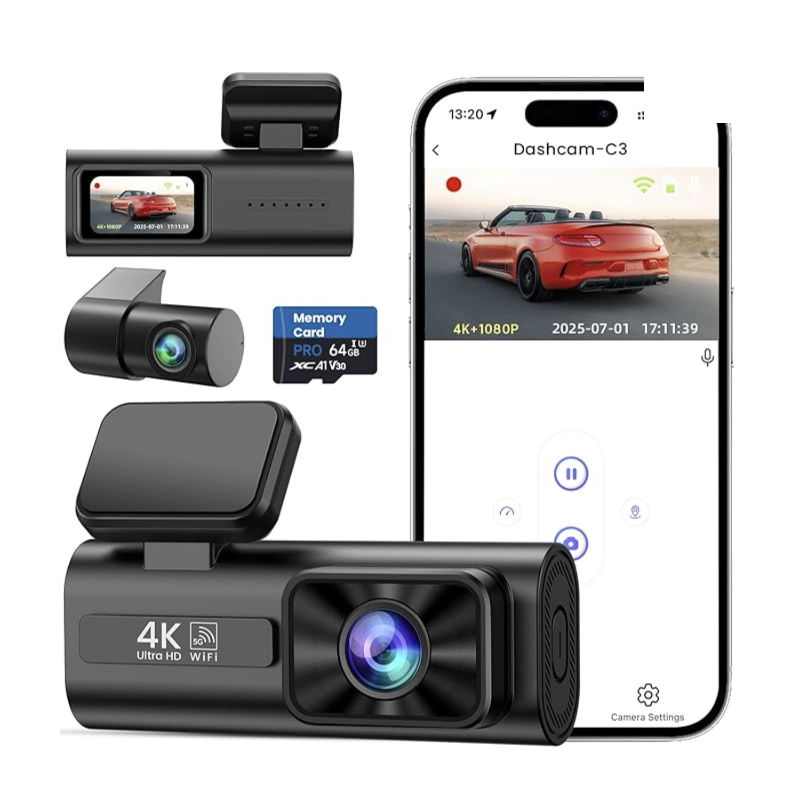TINAZEOK C3 4K front and rear dash cam with 64GB memory card