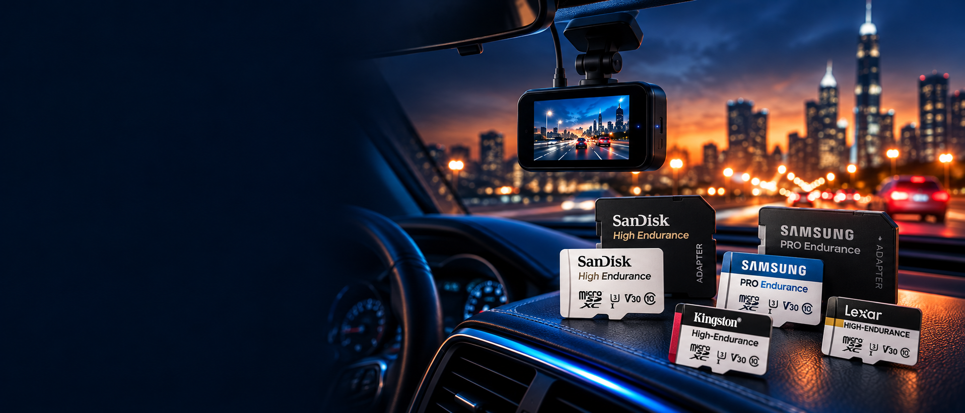 Cinematic night driving scene with a dash cam and SanDisk, Samsung, Kingston and Lexar endurance memory cards
