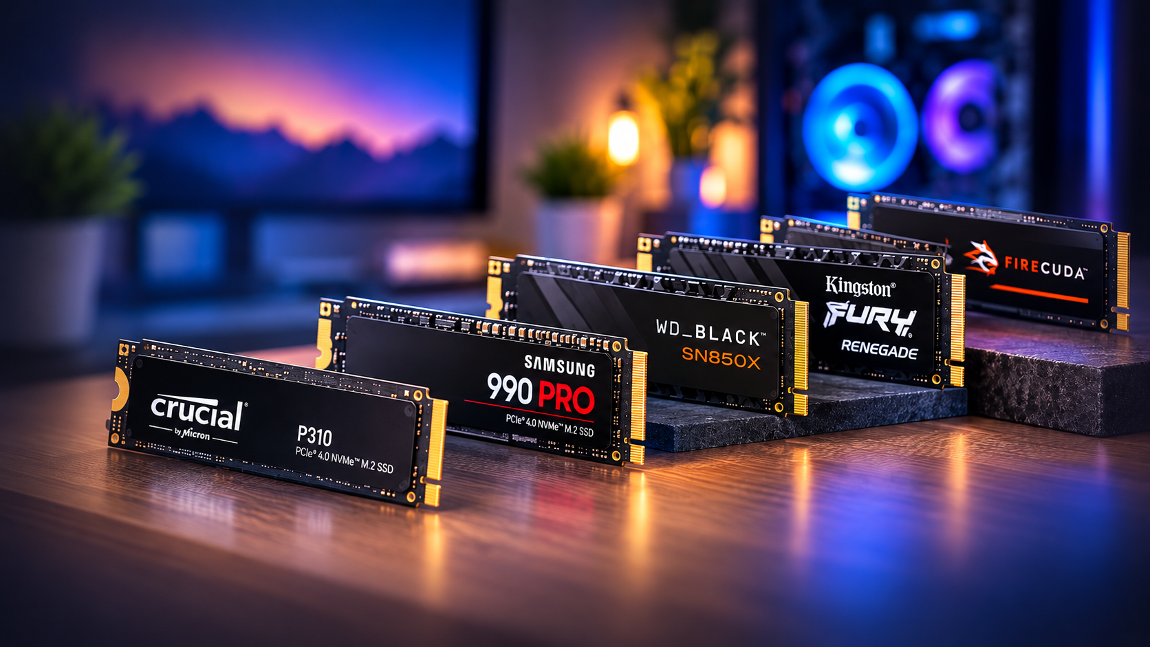 Illustration of M.2 NVMe SSD drives against a softly faded blue computer desk background