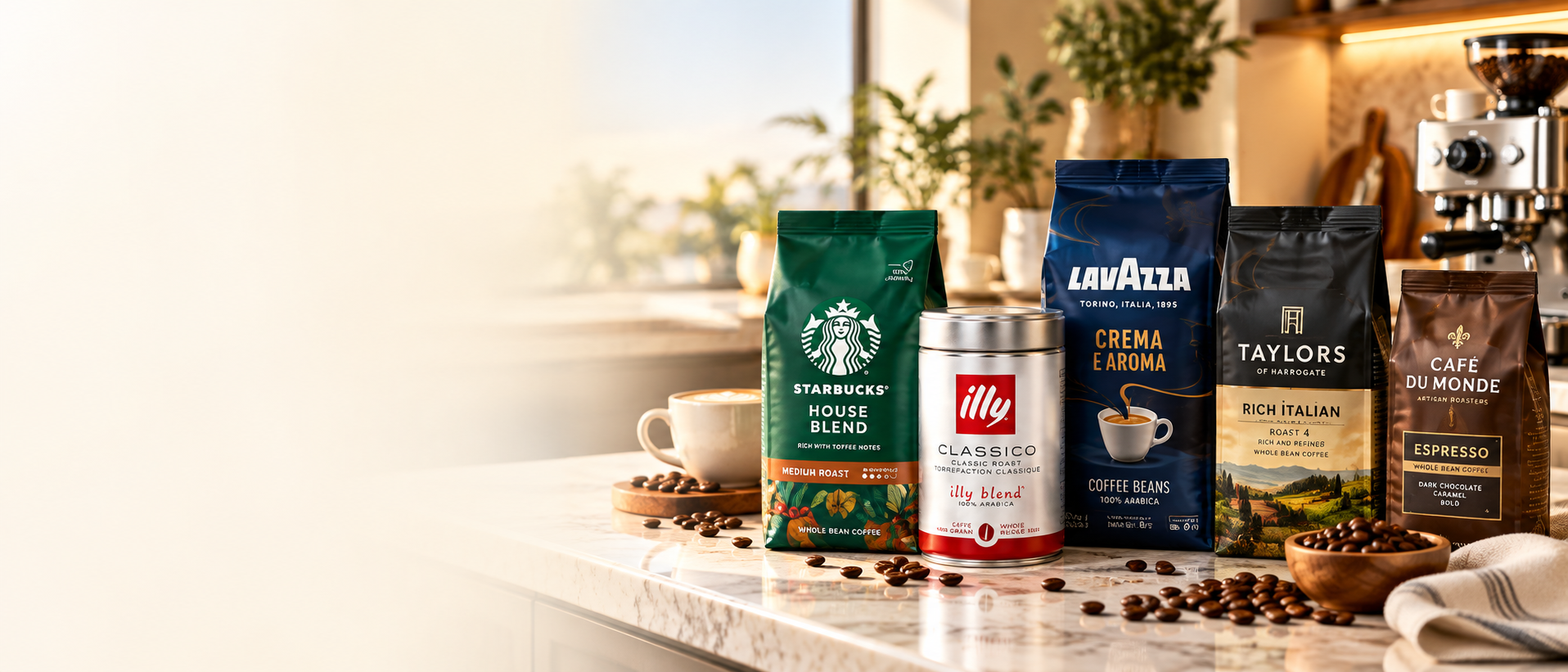 Illustrated premium coffee bean packages displayed on a sunlit kitchen worktop