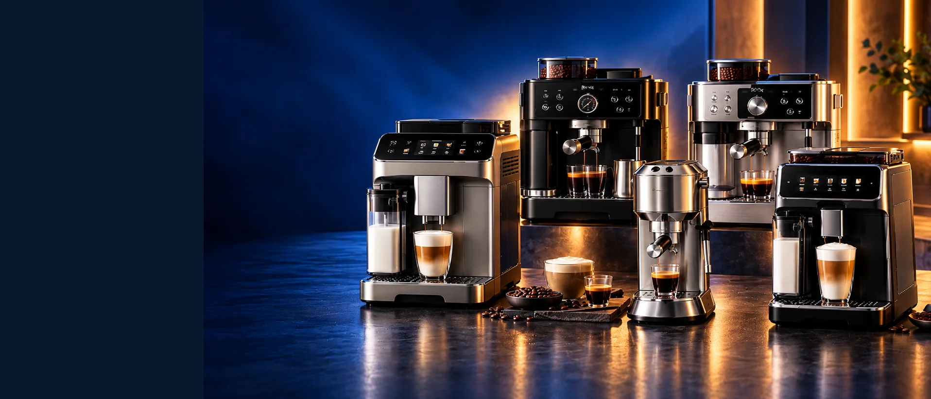 Five coffee machines together in a premium navy and warm-lit studio setting