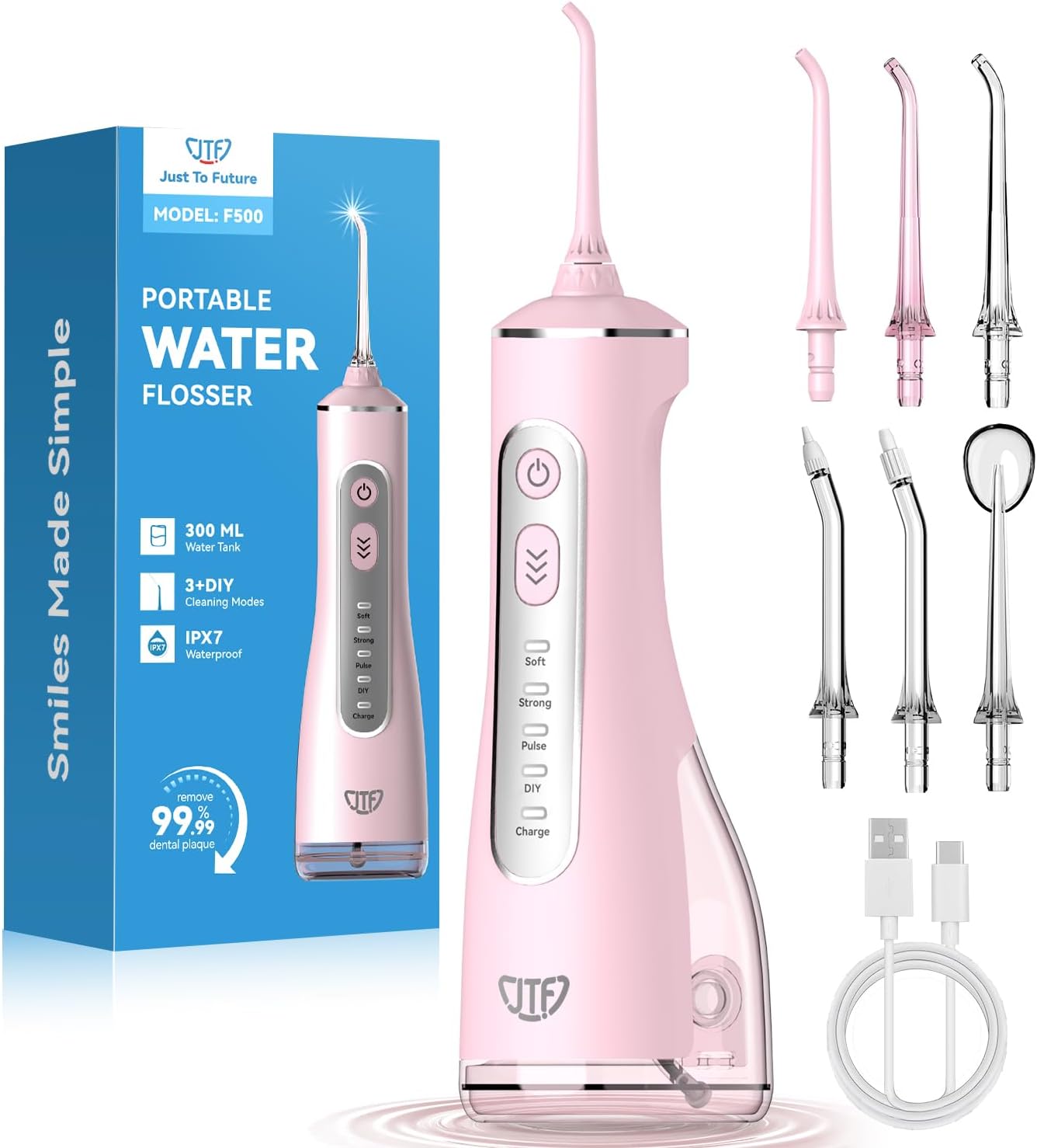 JTF Water Flosser, 3 Modes & 10 DIY Pressure Levels, 60-Day Battery, 300ML Tank & 6 Jet Tips, Portable Dental Tooth Irrigator for Daily Oral, Orthodontic, Braces, Sensitive Gums Ho