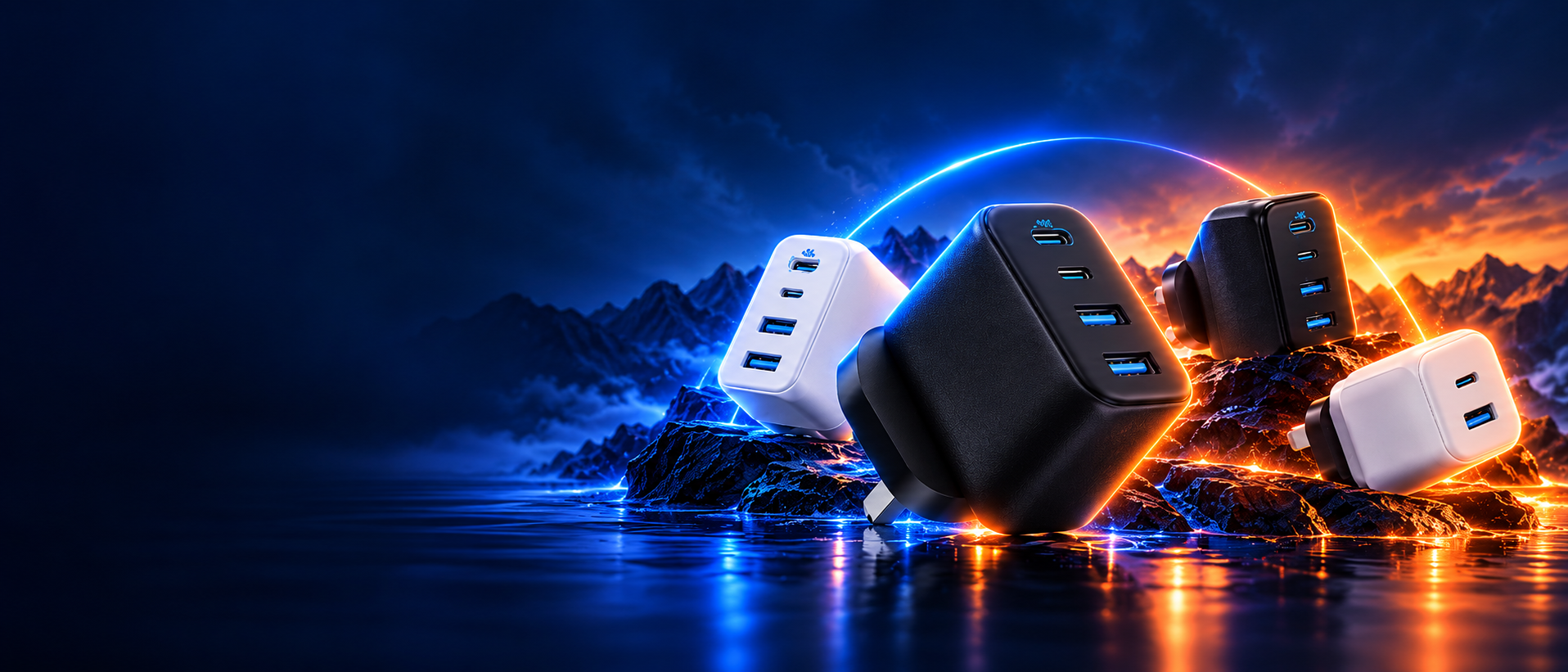 Wall chargers in a cinematic blue and orange landscape