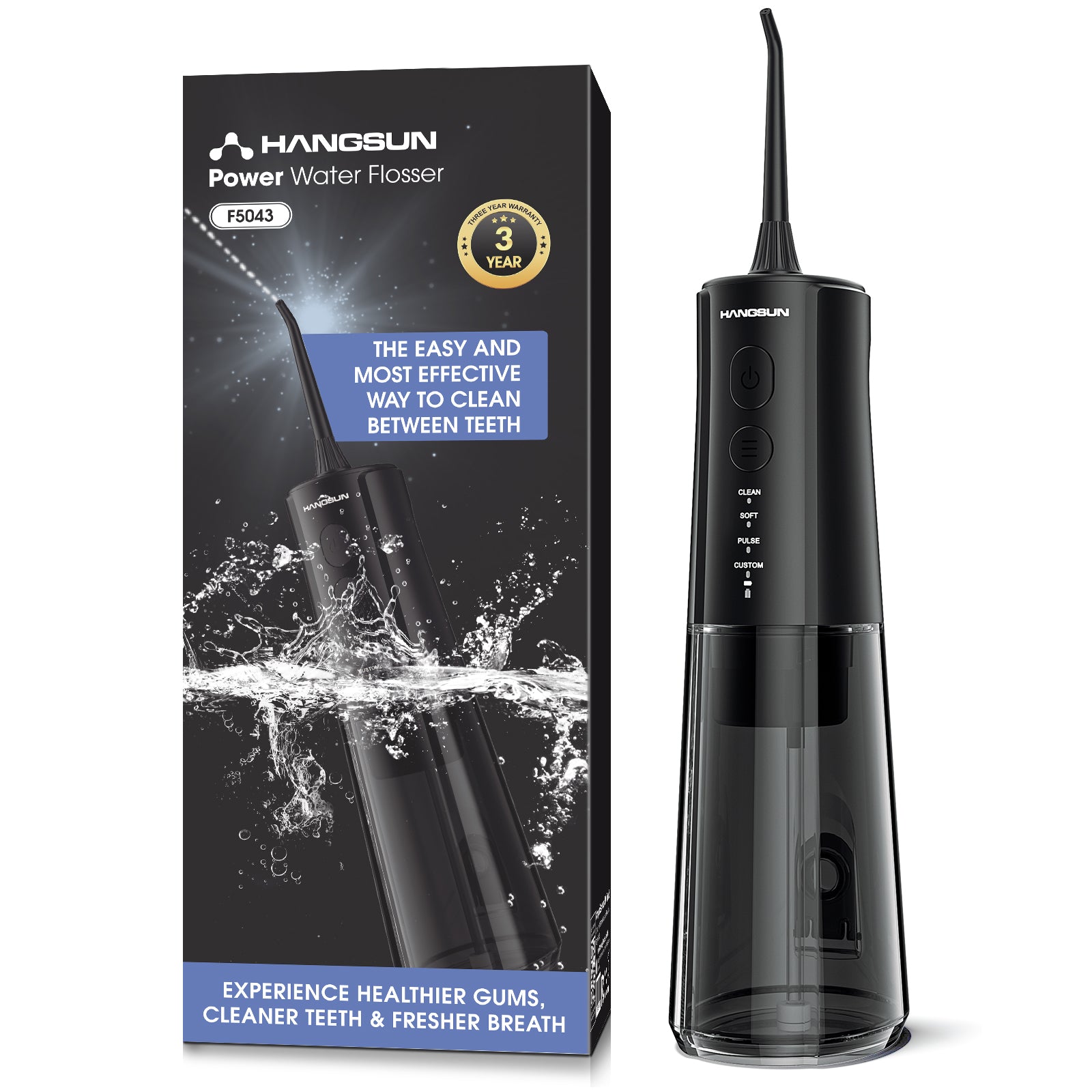 Hangsun F5043 4-mode 300ml cordless water flosser in black with retail box