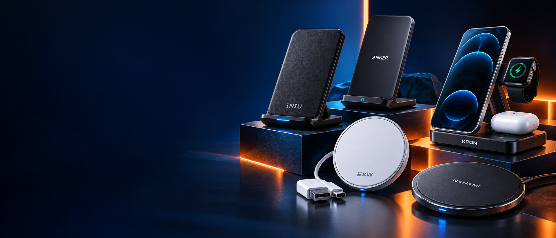 Illustrated INIU, Anker, EXW, KPON and NANAMI wireless chargers