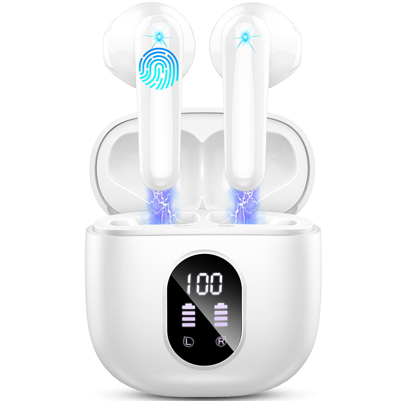 Drsaec J55 white wireless earbuds in open charging case with LED display
