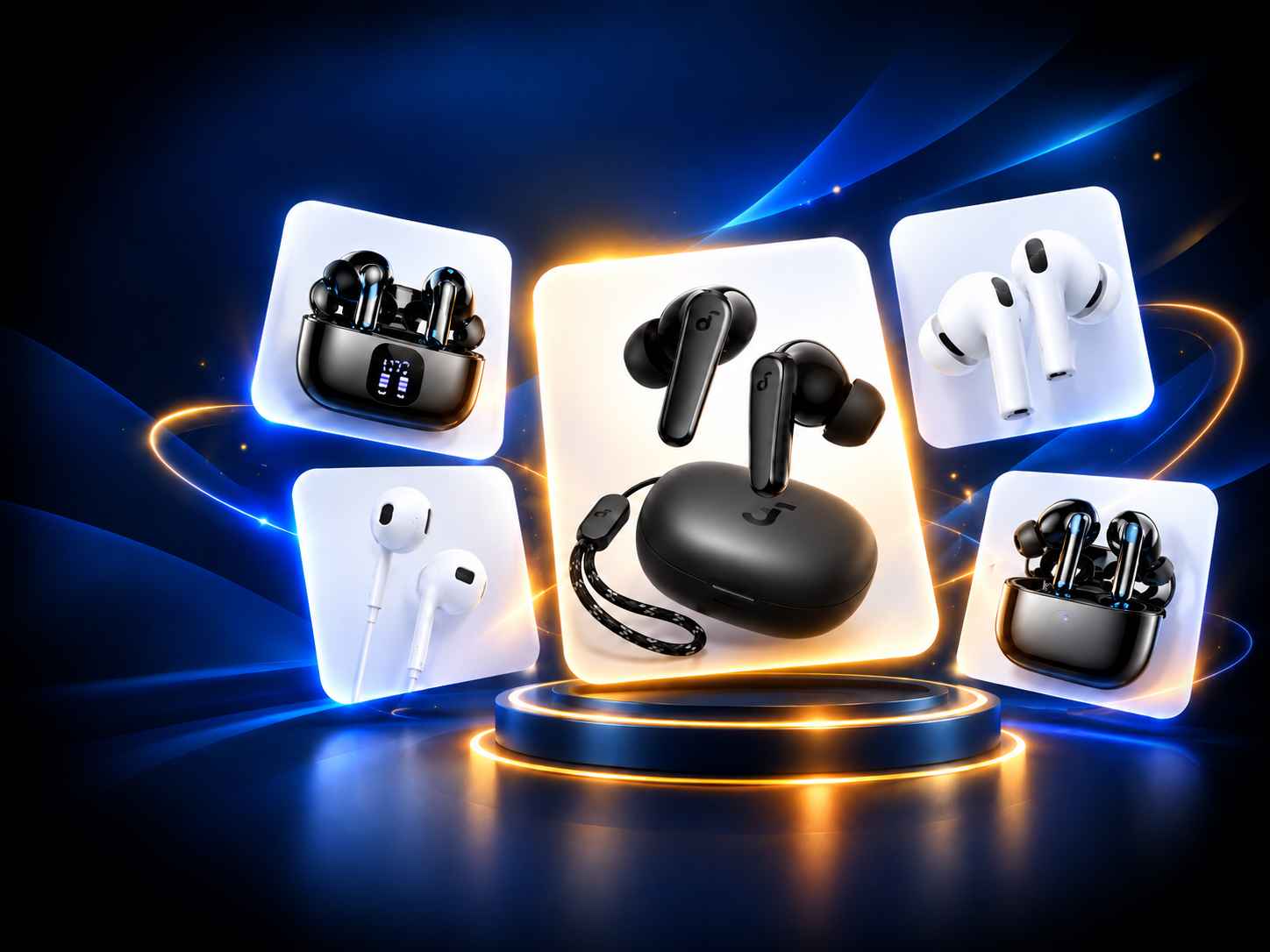 Wireless earbuds hero artwork with premium blue and gold lighting